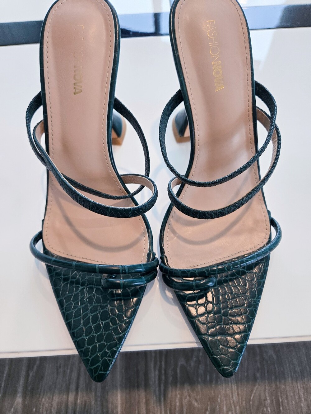 Green Croc-Texture Strappy Pointed Heels